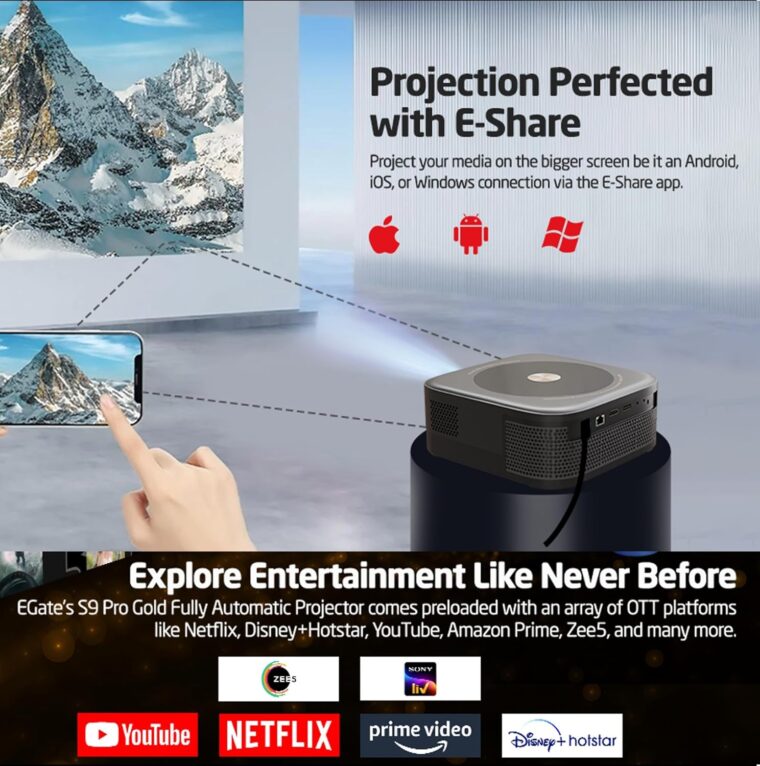 E GATE Duster 8X Projector | 100% Dust Proof | Automatic Android Projector | 800 ISO Lumen | 1080p Native & 4K HDR | HDMI ARC | 18watt DSP Audio, Voice Remote, 1GB-32GB, Triple Wifi6, Netflix, EGate - Image 9