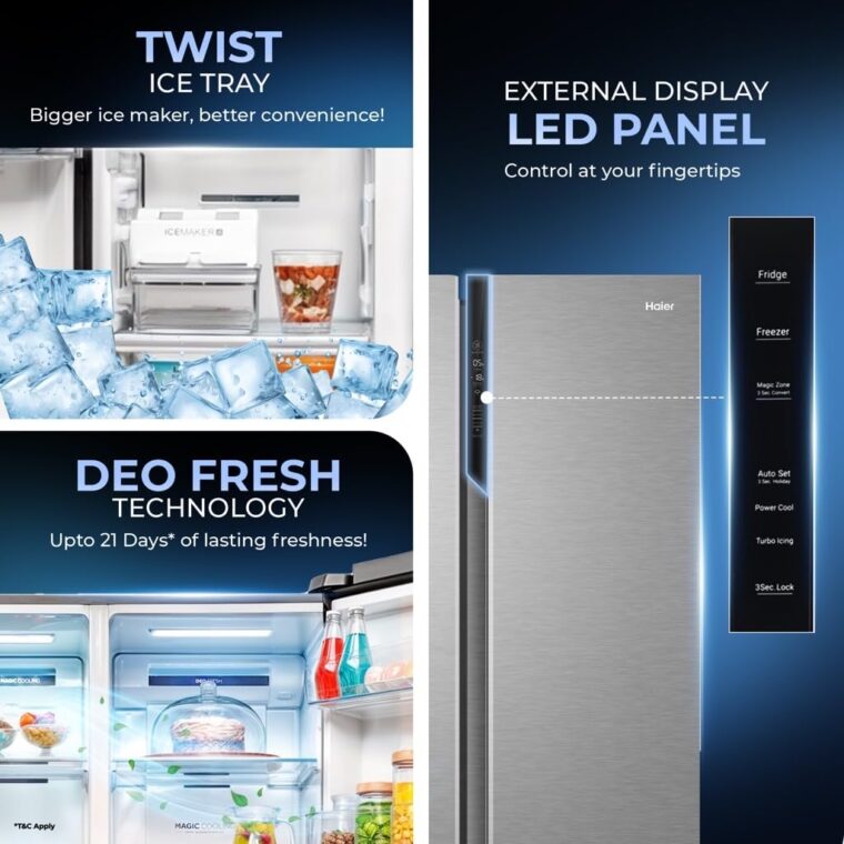 Haier 596 L, 3 Star, 100% Convertible Fridge Space, Expert Inverter, Frost Free Side by Side Refrigerator, (HES-690SS-P, Shiny Silver) - Image 4