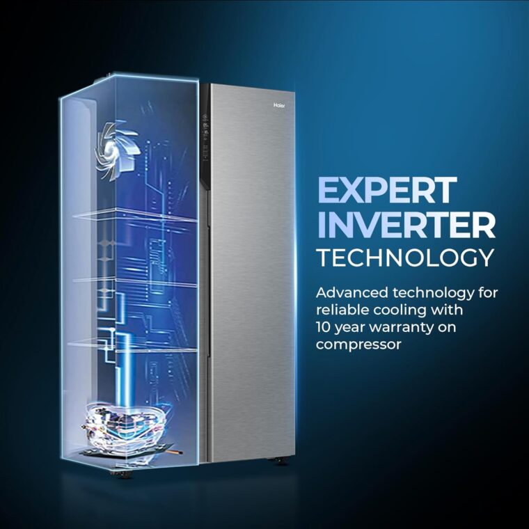 Haier 596 L, 3 Star, 100% Convertible Fridge Space, Expert Inverter, Frost Free Side by Side Refrigerator, (HES-690SS-P, Shiny Silver) - Image 5